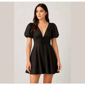 HOUSE of Harlow 1960 X Revolve Black Puff Sleeve Peasant Dress Fit&Flare Size 2